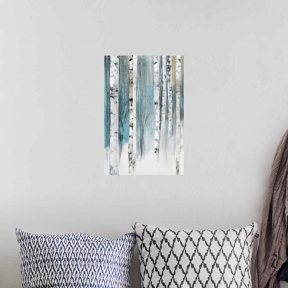 A bohemian room featuring Vertical painting of tree trunks in shades of blue and gray.