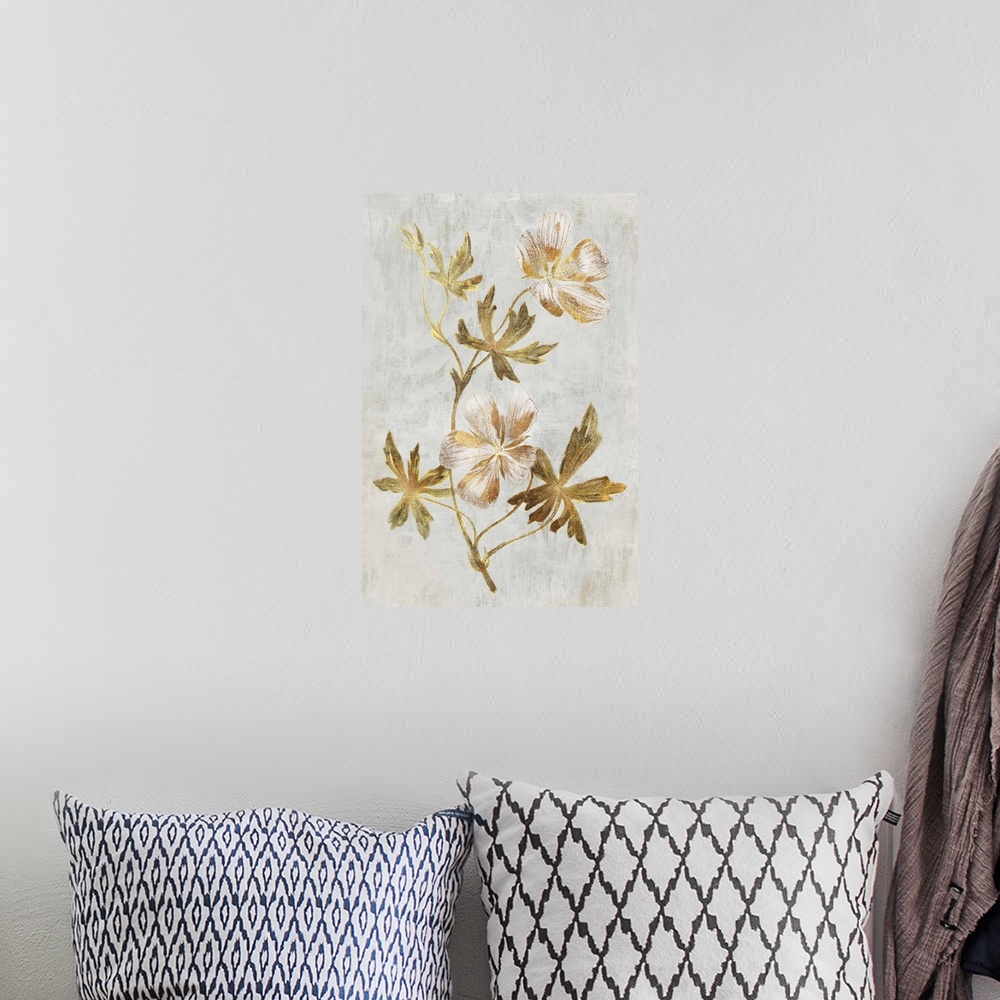 A bohemian room featuring Textured contemporary art of flowers in shades of gold and gray.
