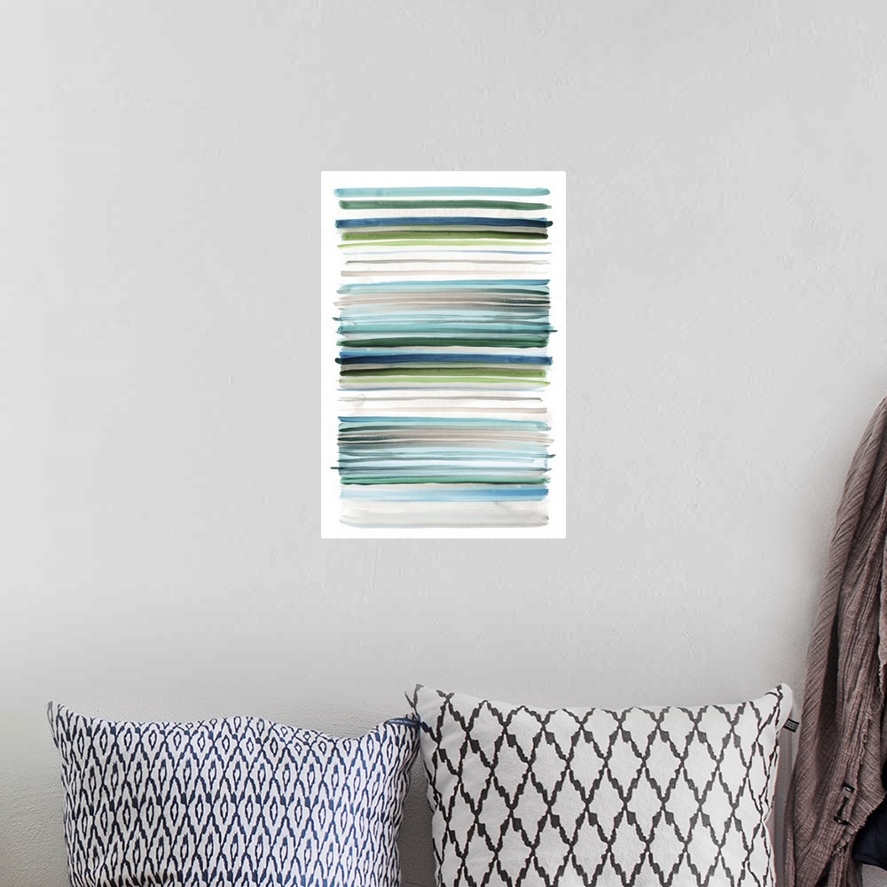 A bohemian room featuring Abstract watercolor artwork of horizontal bands of varying widths in shades of turquoise, grey, a...