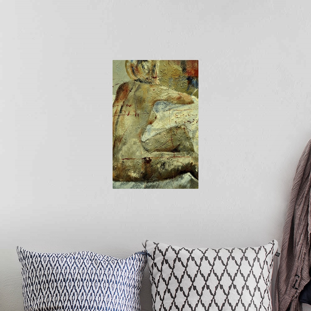A bohemian room featuring A nude painting of the back of a woman sitting in textured neutral colors and red accents.