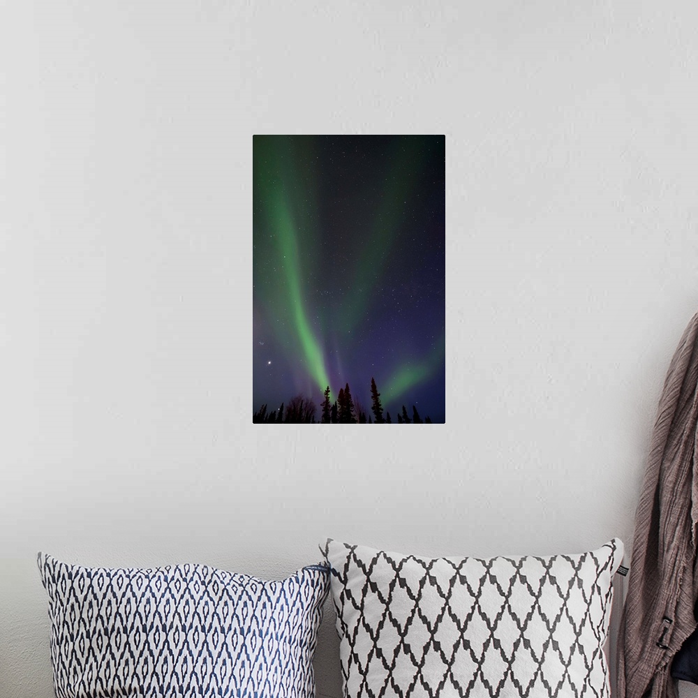 A bohemian room featuring Northern lights (aurora borealis) over the Midnight Dome, Dawson City, Canada