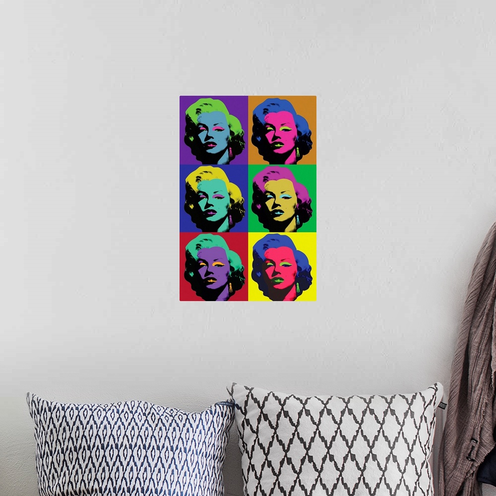 A bohemian room featuring Pop art style squares of Marilyn Monroe stacked together vertically in various vibrant hues.