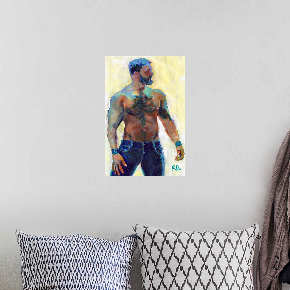 A bohemian room featuring Bear In Blue Jeans by RD Riccoboni. Sexy picture of a shirtless man with a beard.