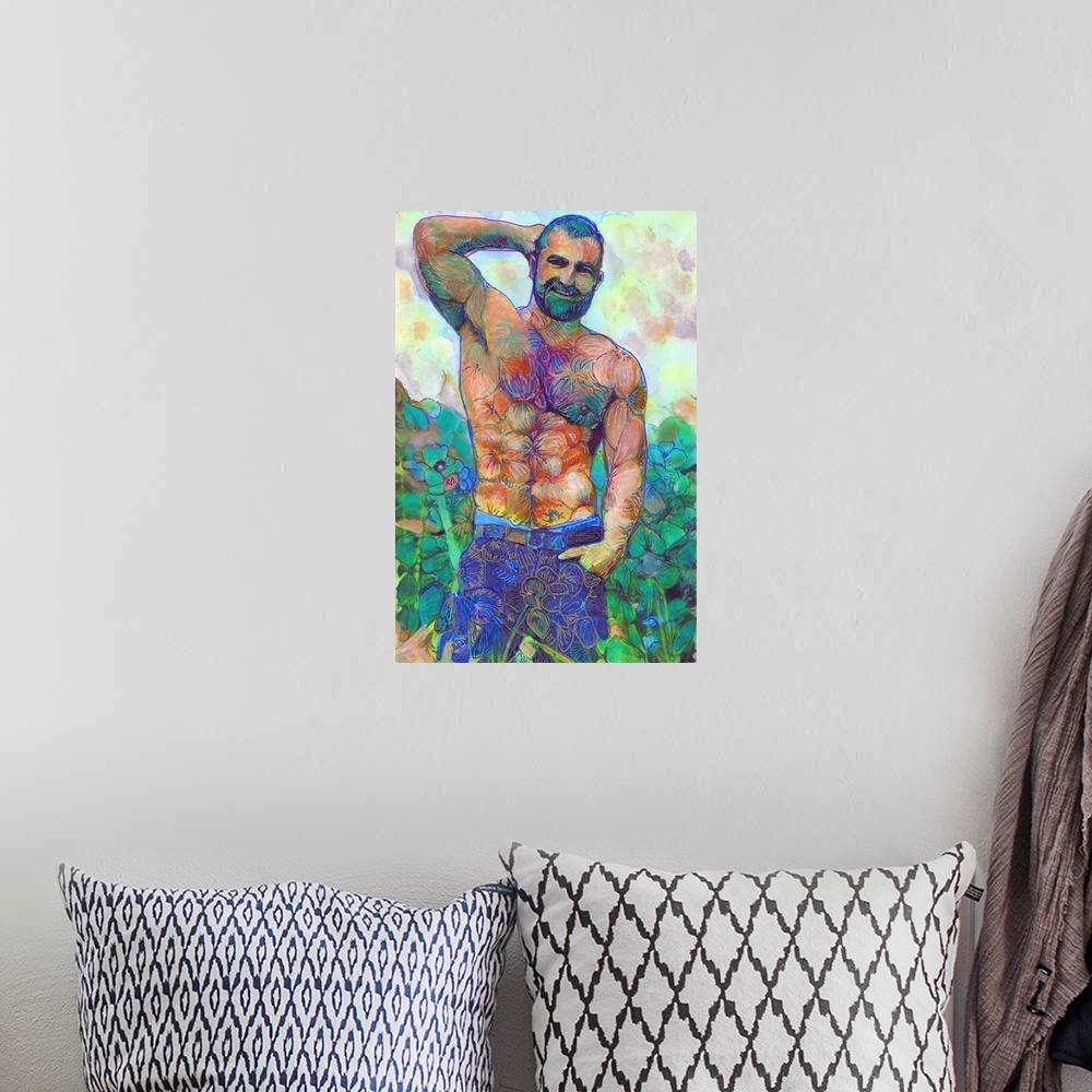 A bohemian room featuring Hello Bear, a Flower Bear Garden painting by RD Riccoboni. A masculine man painted in a floral mo...
