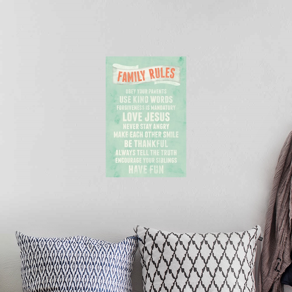 A bohemian room featuring Be Thankful Family Rules