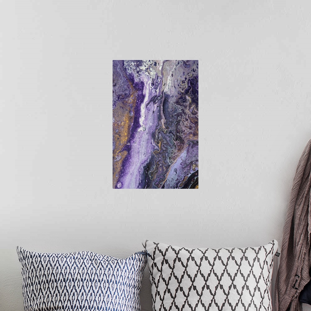 A bohemian room featuring Abstract contemporary painting in brown, white and purple tones, in a marbling effect.