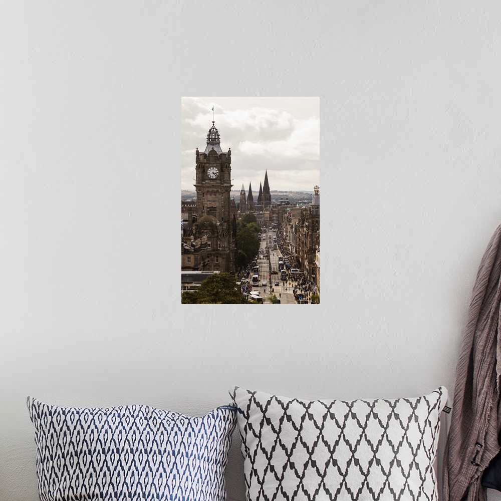 A bohemian room featuring Cityscape photograph of Edinburgh, Scotland highlighting the clock tower.