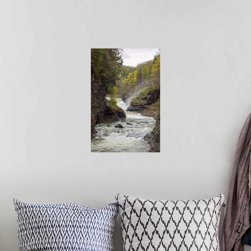 A bohemian room featuring Landscape photograph of the Genesee River rushing through Letchworth State Park with a waterfall ...