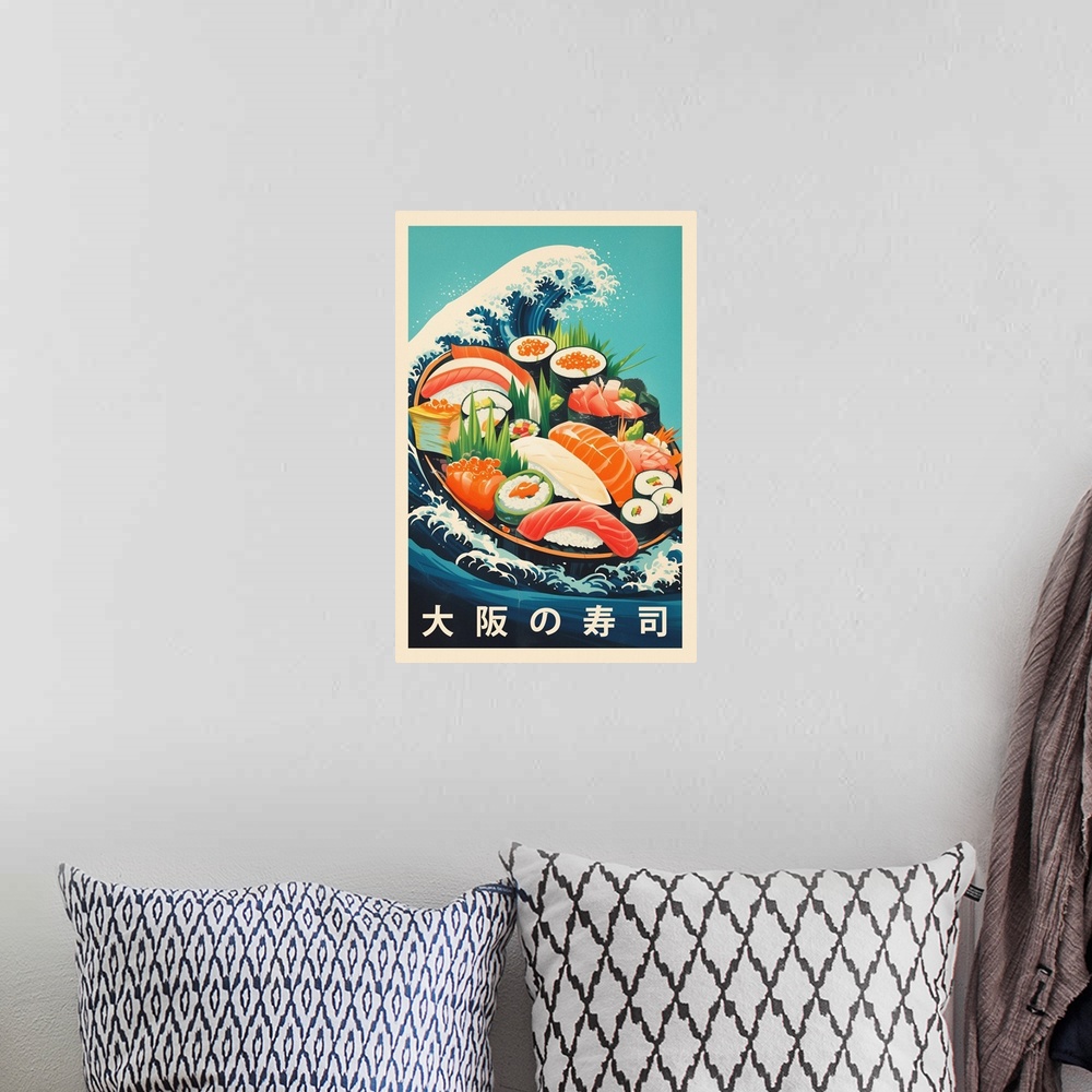 A bohemian room featuring Great Sushi Wave - Retro Food Advertising Poster