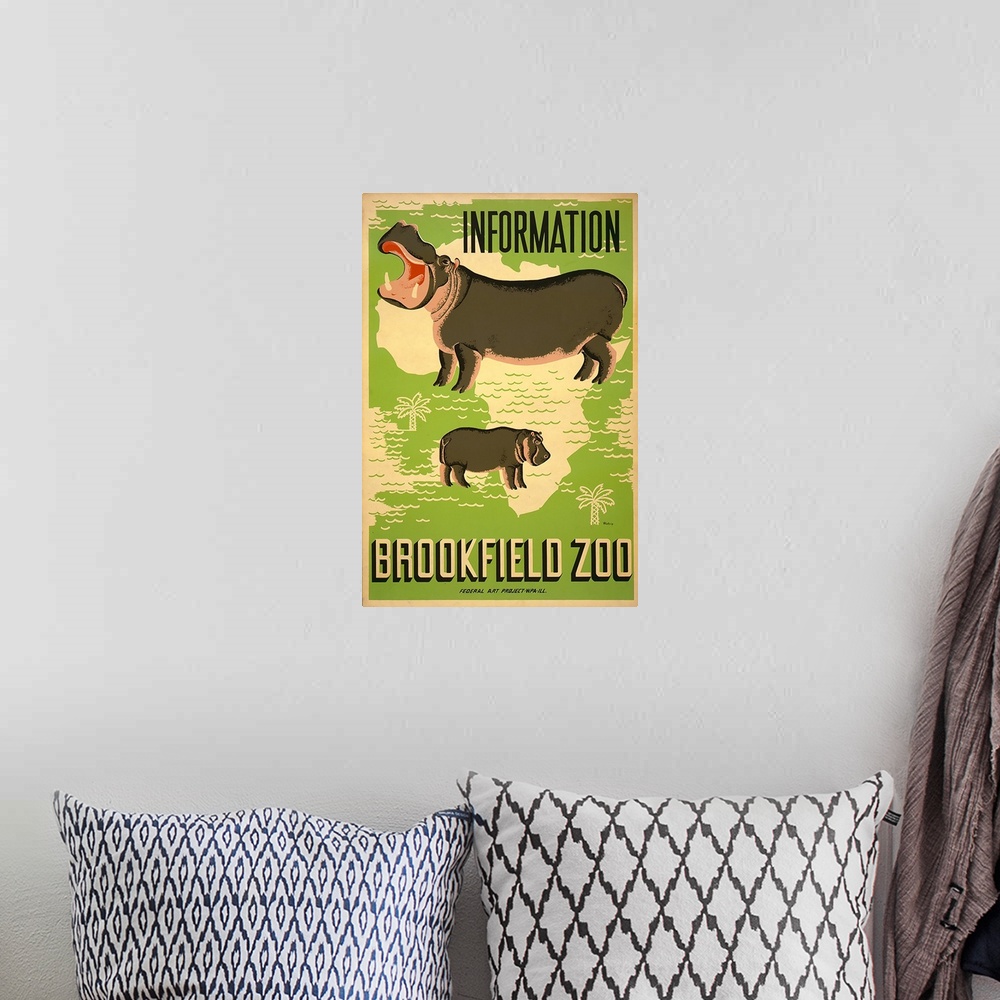 A bohemian room featuring Information, Brookfield Zoo. Poster for the Brookfield Zoo, showing hippopotamuses superimposed o...