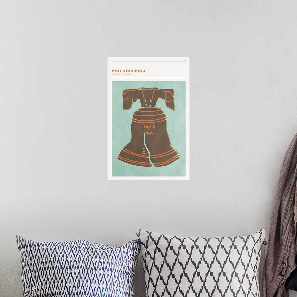 A bohemian room featuring Vertical modern illustration of the Liberty Bell in Philadelphia, PA.