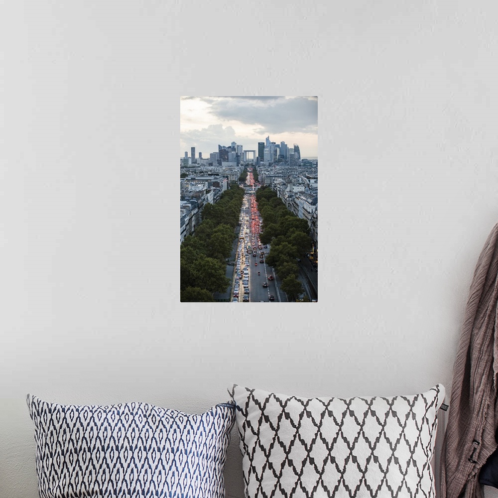 A bohemian room featuring Aerial photograph of the Paris skyline at rush hour.