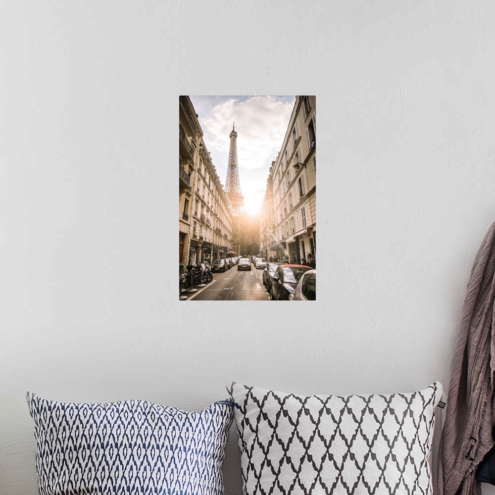 A bohemian room featuring Photograph of a streetscape in Paris with the sun beaming through the Eiffel Tower in the backgro...