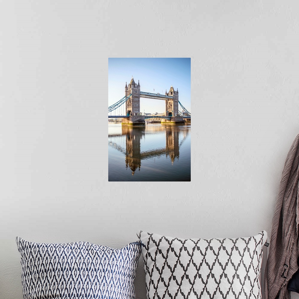 A bohemian room featuring Photograph of Tower Bridge reflecting into the River Thames in London, England, UK.