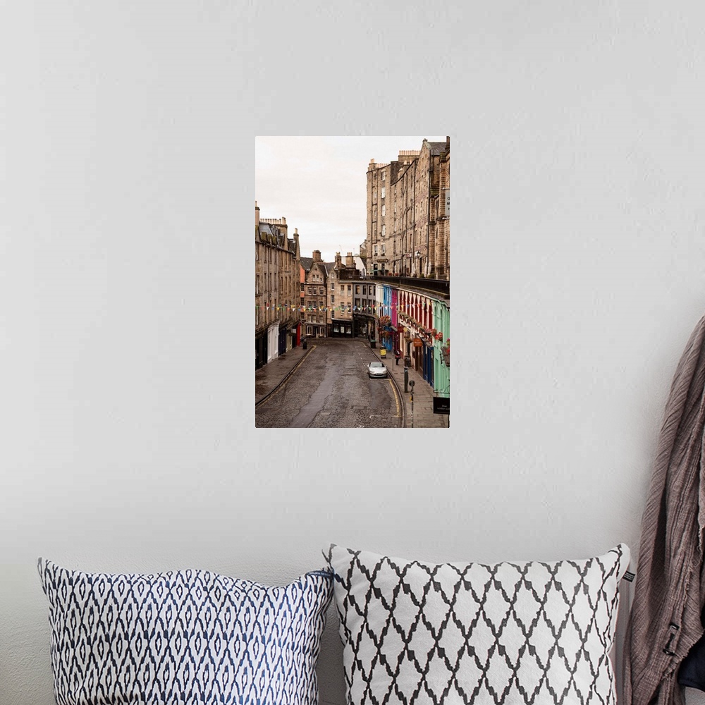 A bohemian room featuring Photograph of Victoria Street in the city centre of Edinburgh, Scotland.