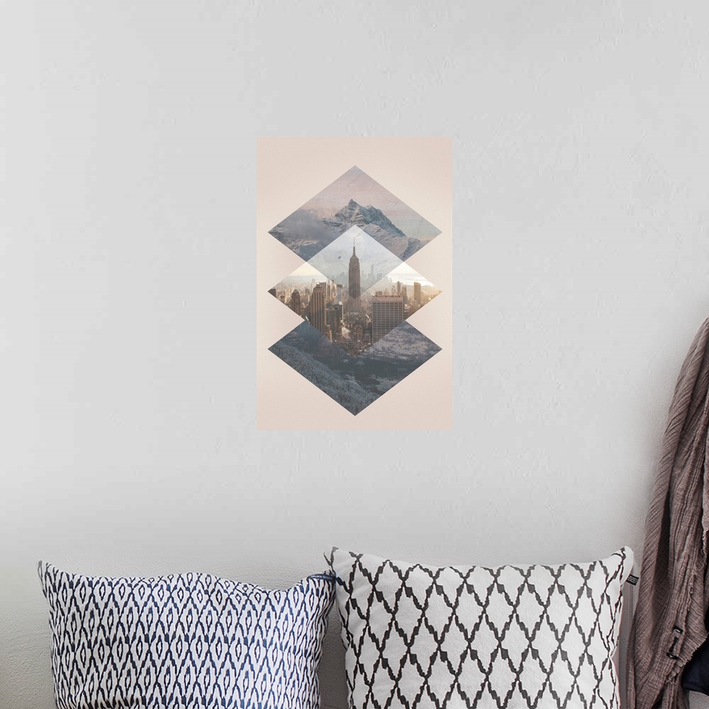 A bohemian room featuring Contemporary collage style artwork of stitched images of New York city and mountain ranges.