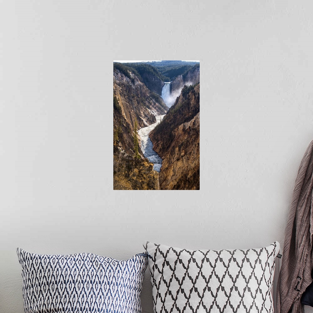 A bohemian room featuring View of Winding Yellowstone River with Lower Falls in the background at Yellowstone National Park...