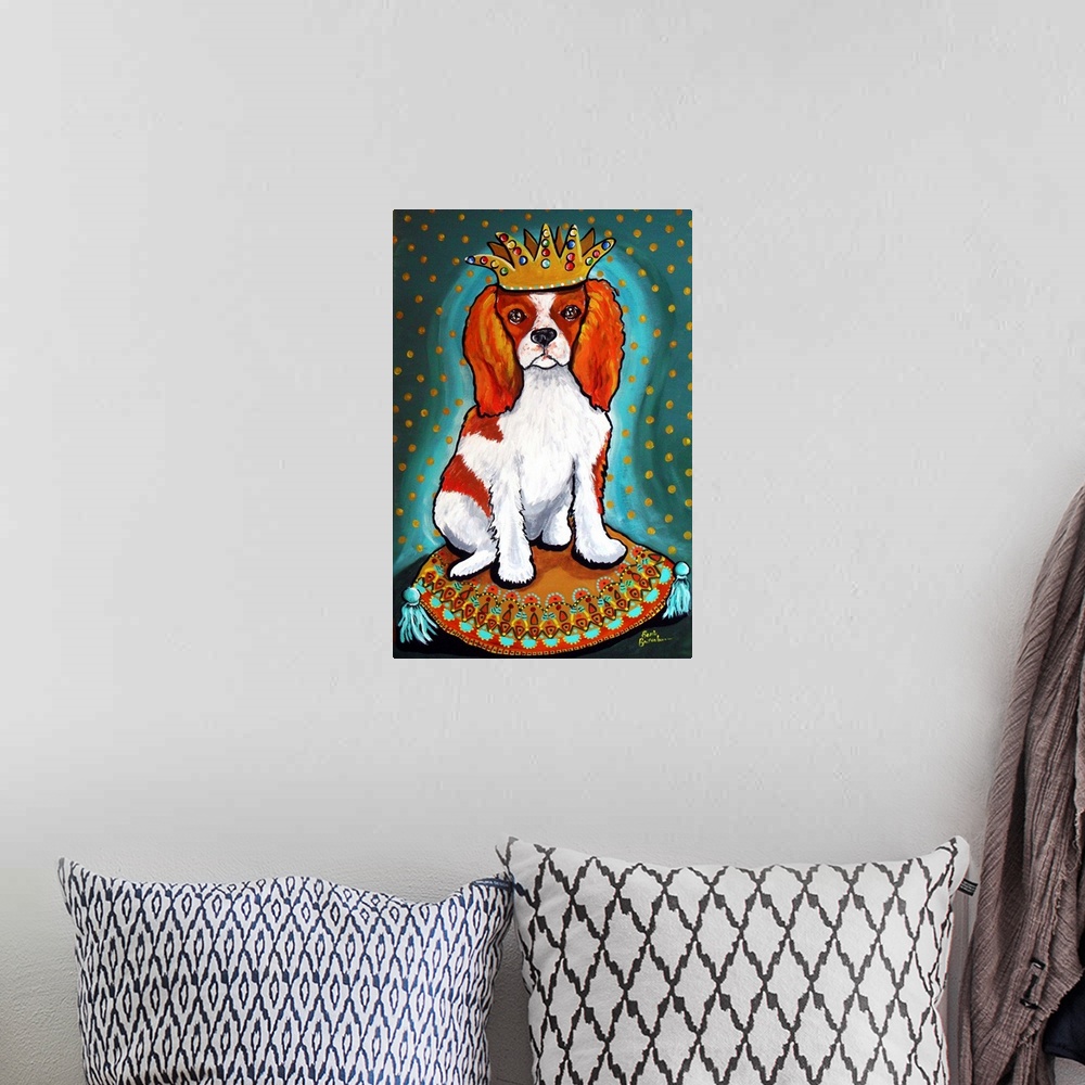 A bohemian room featuring Painting of a King Charles Spaniel wearing a crown.
