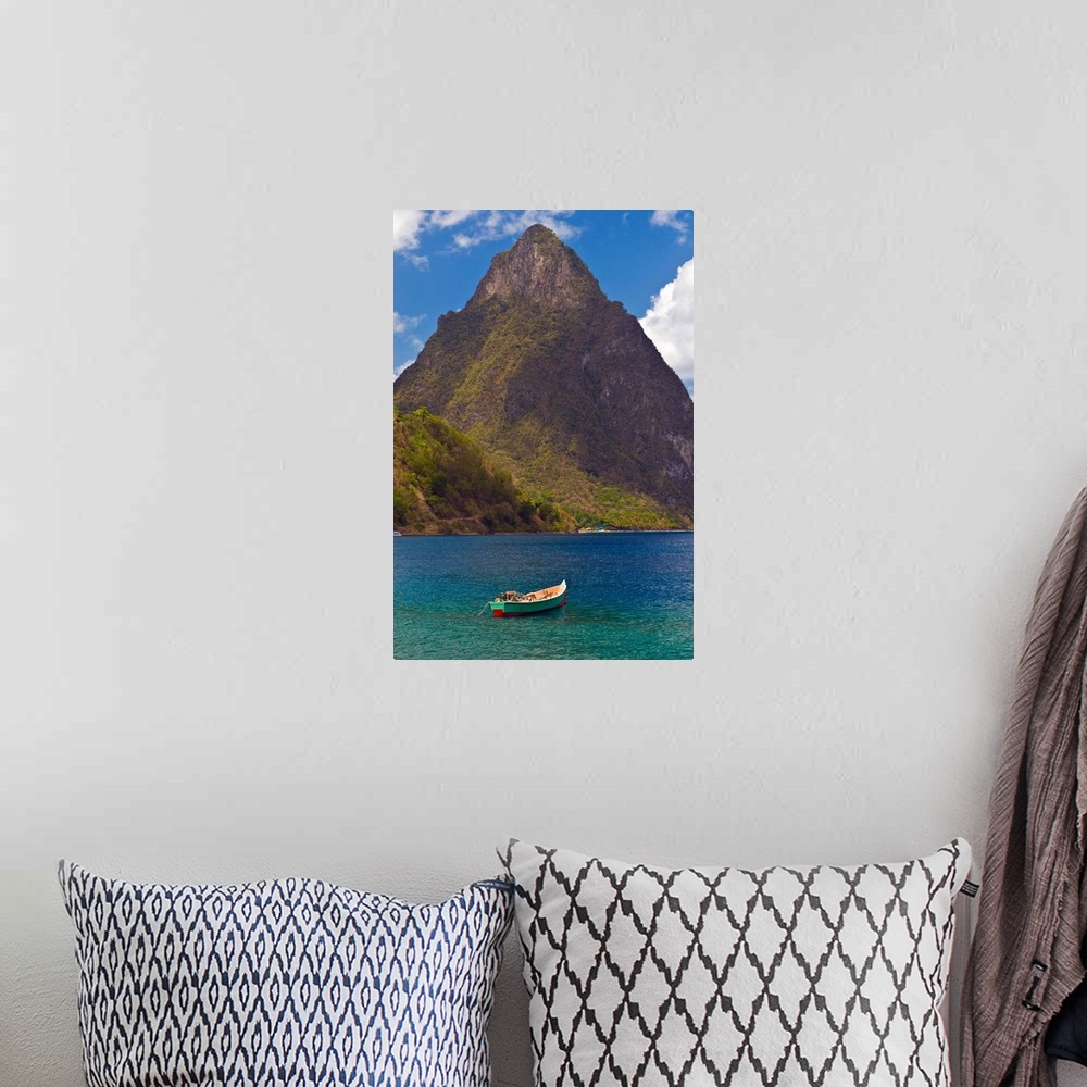 A bohemian room featuring A wooden rowboat in the Atlantic Ocean, St. Lucia, Windward Islands, Caribbean
