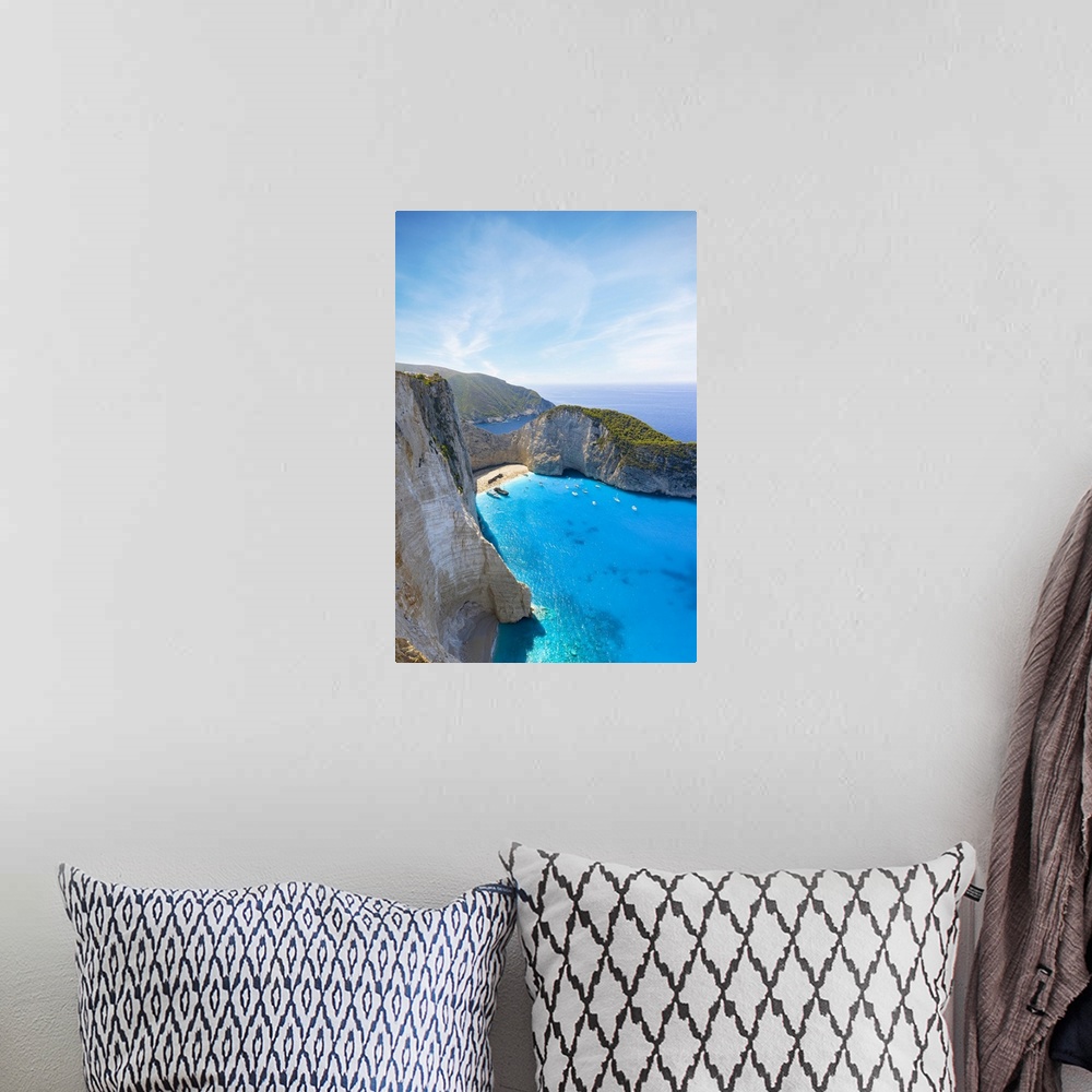 A bohemian room featuring Aerial panoramic view of cliffs surrounding the idyllic Navagio Beach (Shipwreck Beach), Zakyntho...