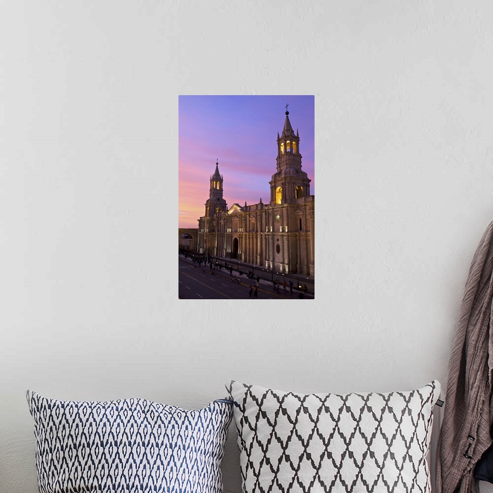 A bohemian room featuring Arequipa Cathedral at sunset on Plaza de Armas, Arequipa, Peru