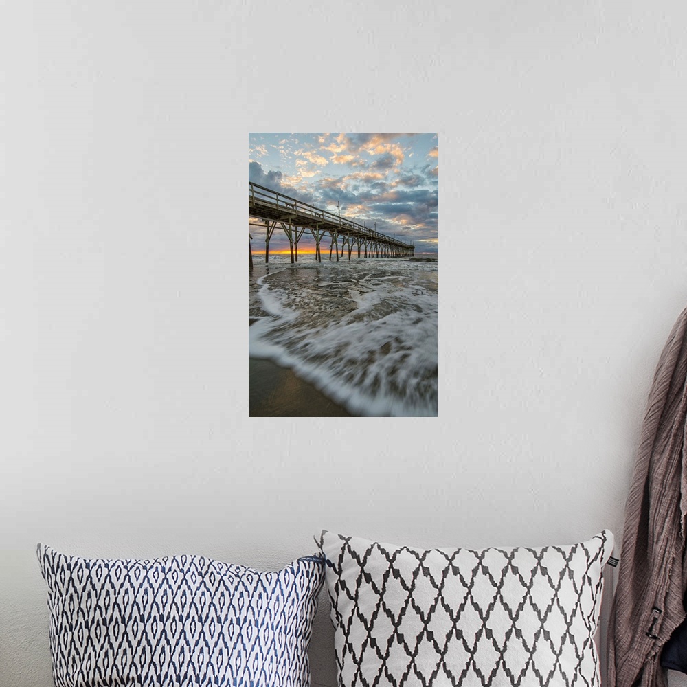 A bohemian room featuring Beach, ocean, waves and pier at sunrise, Sunset Beach, North Carolina, United States of America, ...