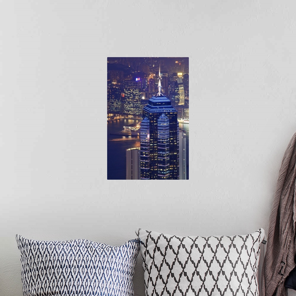 A bohemian room featuring Central skyscrapers at night, Hong Kong, China, Asia