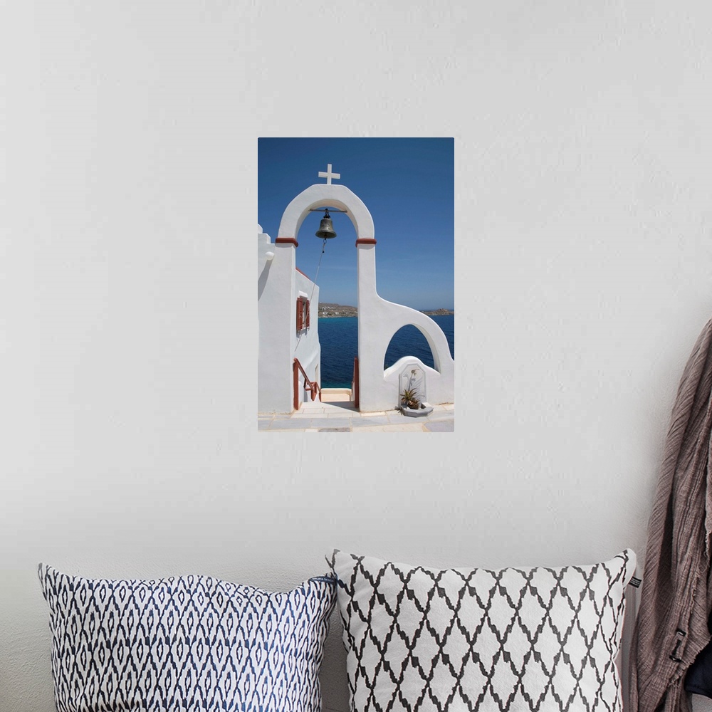 A bohemian room featuring Church near the beach of Psarou, Mykonos, Cyclades, Greek Islands, Greece
