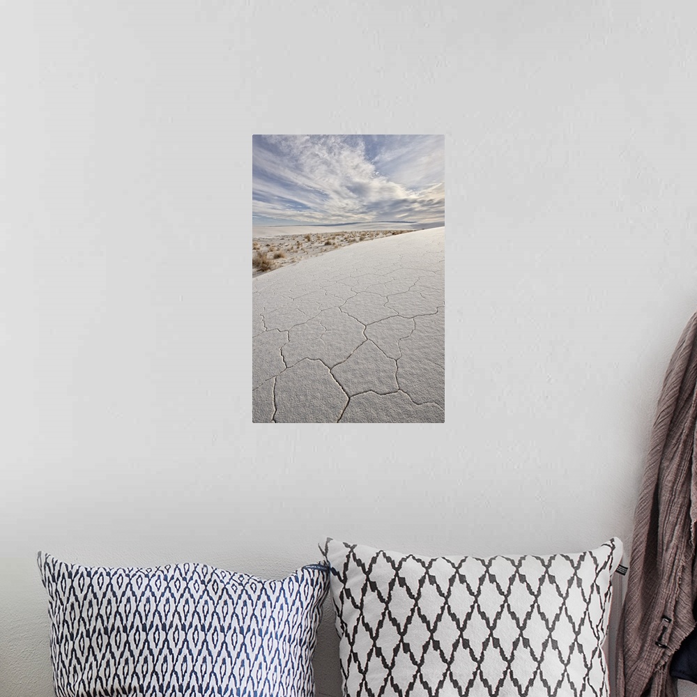 A bohemian room featuring Cracked dunes with clouds, White Sands National Monument, New Mexico