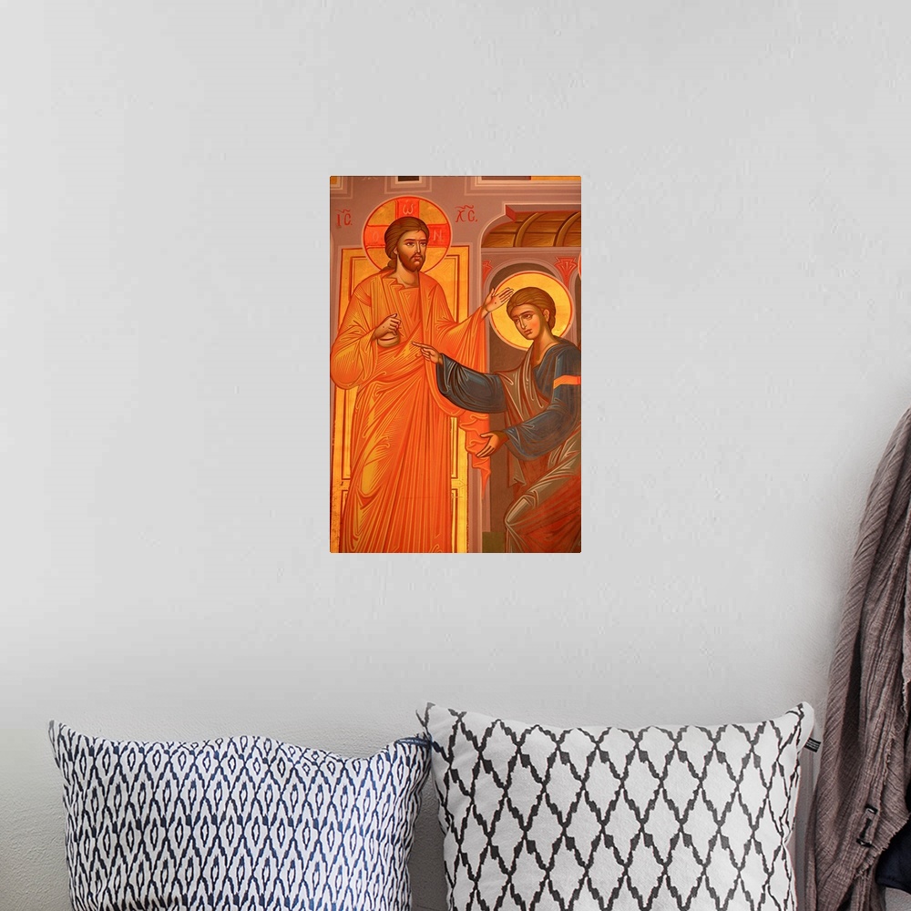 A bohemian room featuring Greek Orthodox icon depicting Christ showing his wounds, Greece