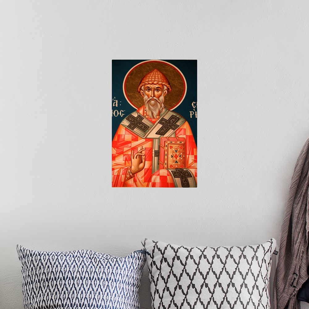 A bohemian room featuring Greek Orthodox icon depicting Saint Spiridon, Thessaloniki, Macedonia, Greece