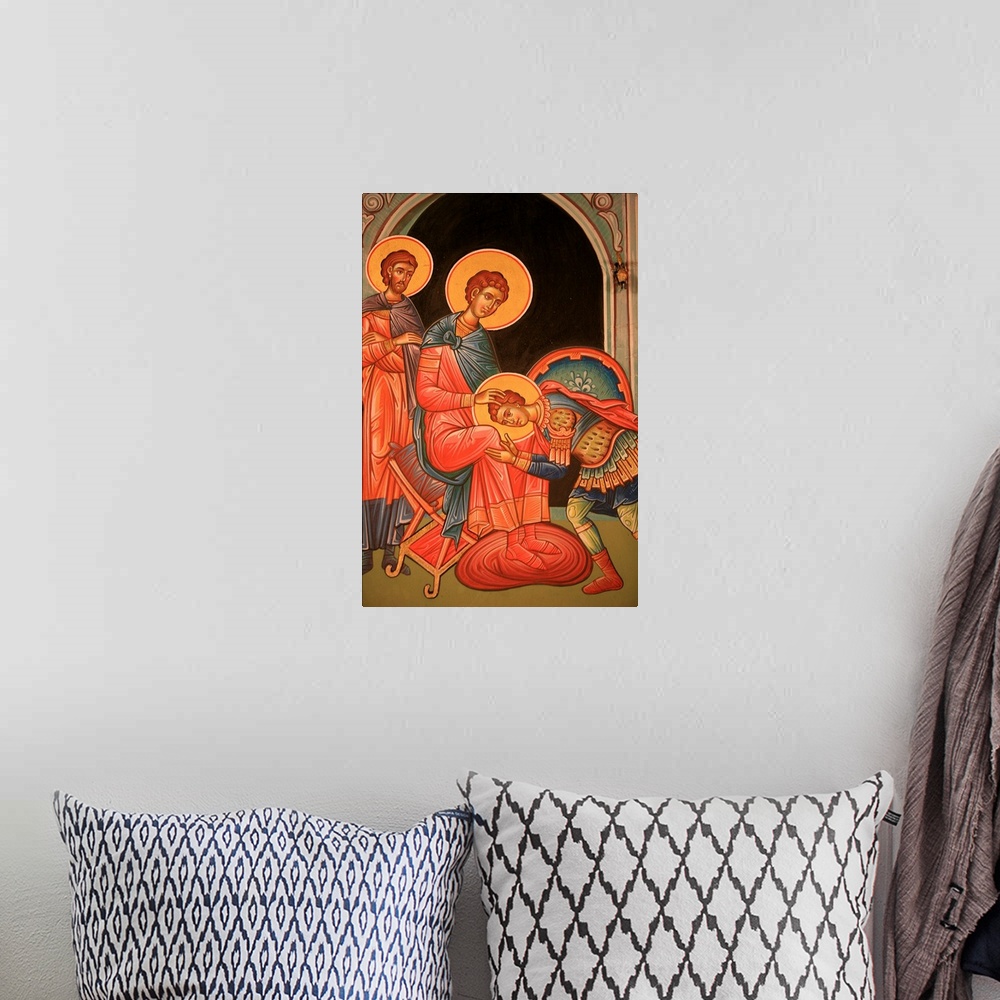 A bohemian room featuring Greek Orthodox icon depicting St. Nestor and St. Dimitrios, Greece