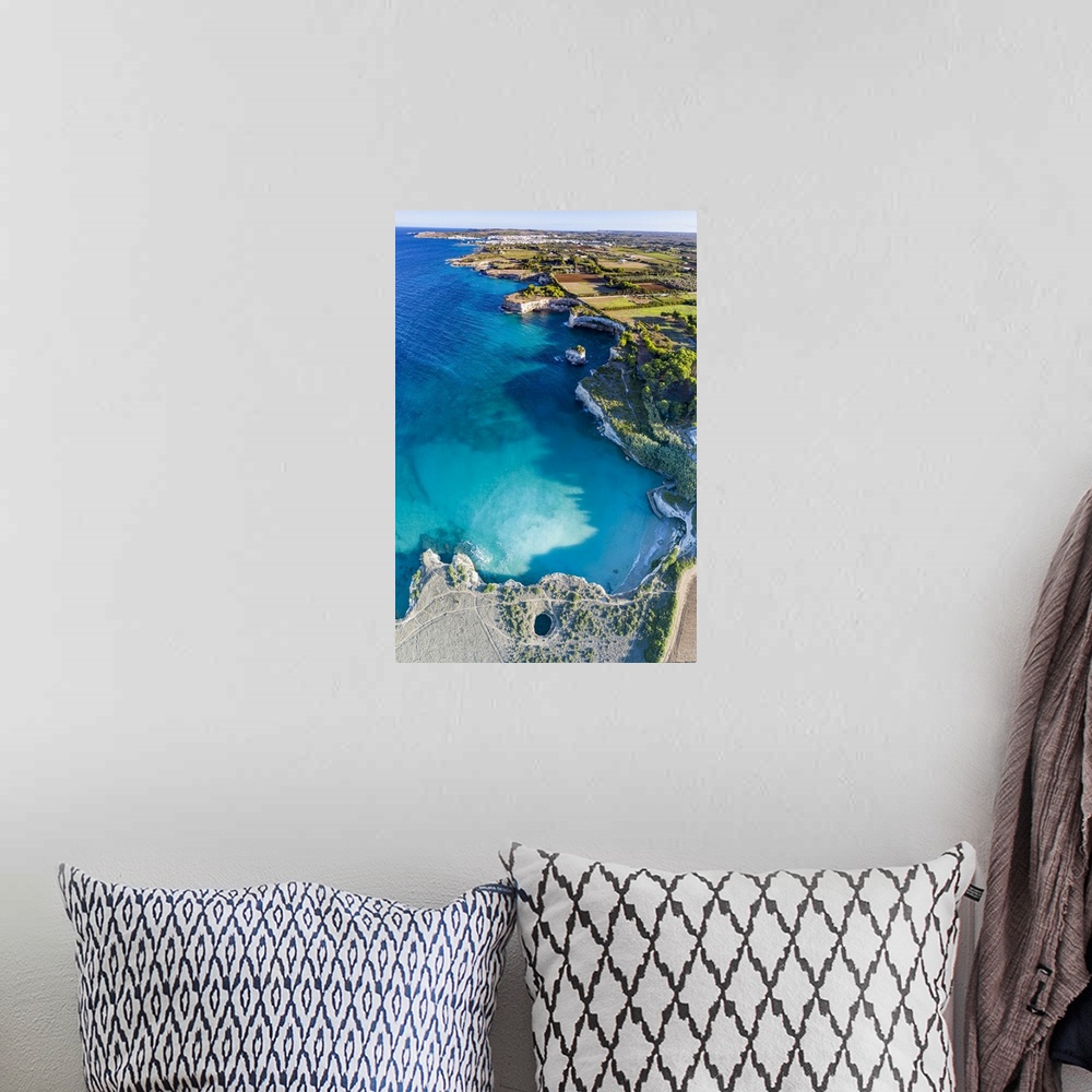 A bohemian room featuring Aerial view of the open grotto known as Grotta Sfondata on cliffs along the coastline, Otranto, L...