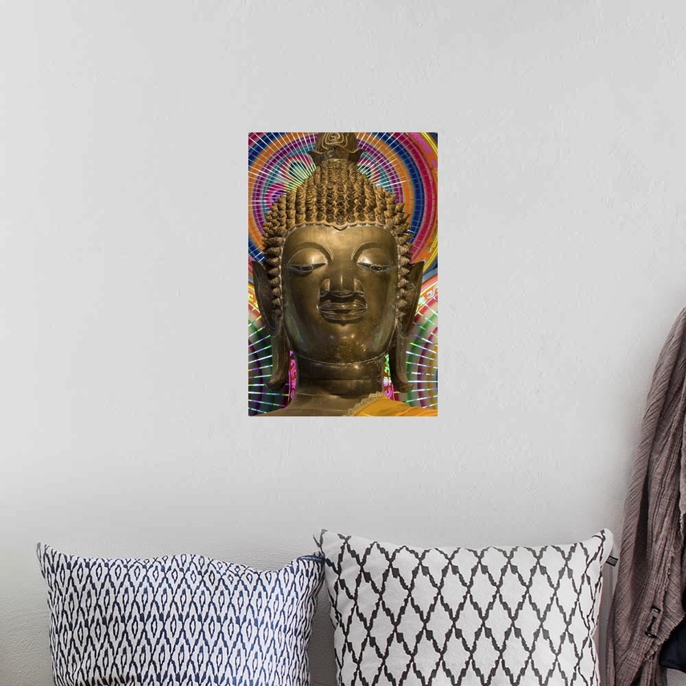 A bohemian room featuring Head of a statue of the Buddha, Wat Ong Teu, Vientiane, Laos, Indochina, Southeast Asia