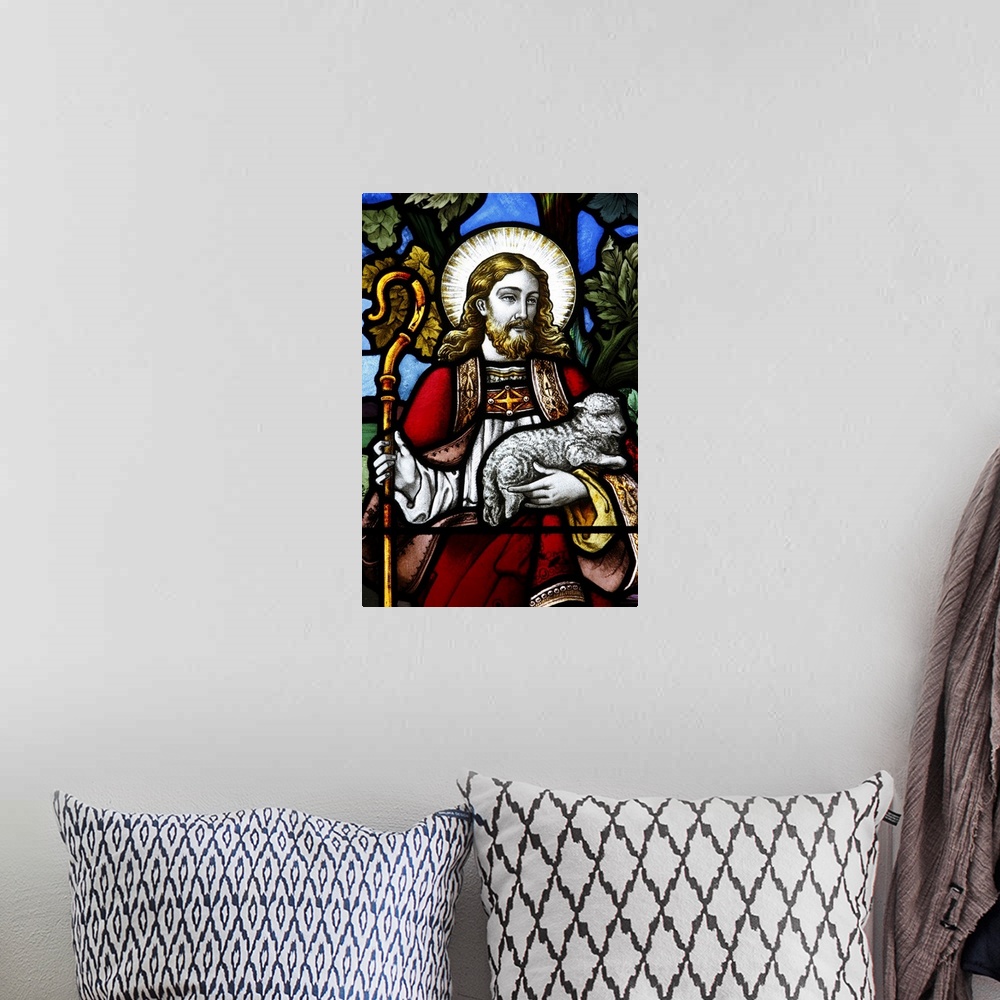 A bohemian room featuring Jesus the Good Shepherd, 19th century stained glass in St. John's Anglican church, Sydney, New So...