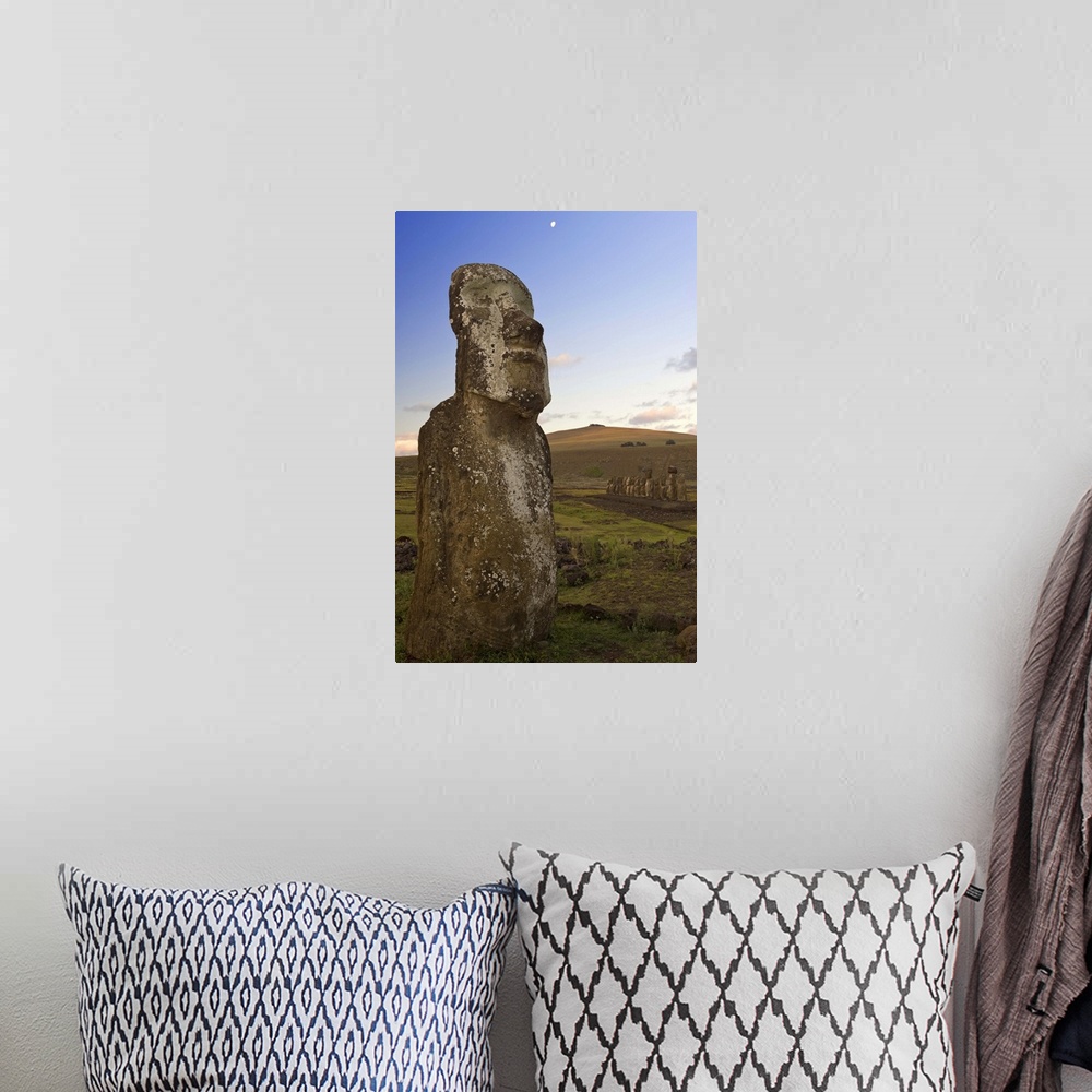 A bohemian room featuring Lone monolithic giant stone Moai statue at Tongariki, Rapa Nui (Easter Island), Chile