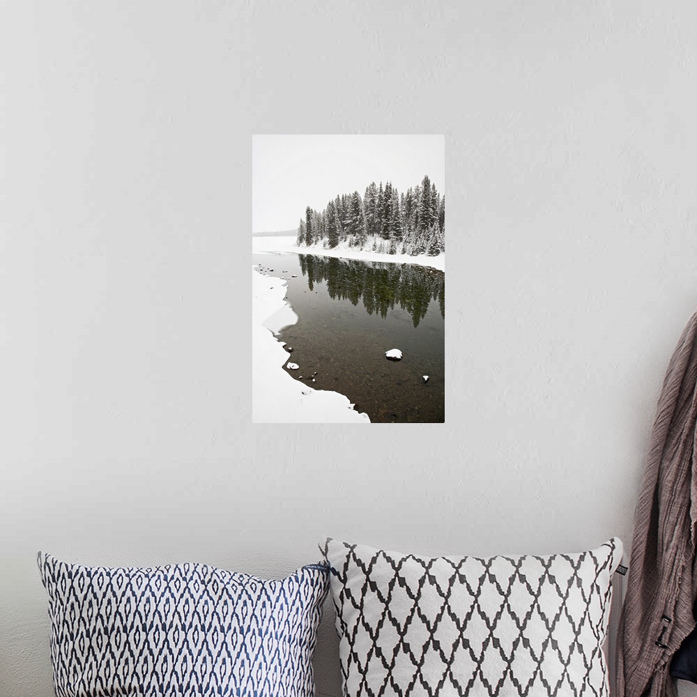 A bohemian room featuring Malign River and Malign Lake in winter, Jasper National Park, Alberta, Canada