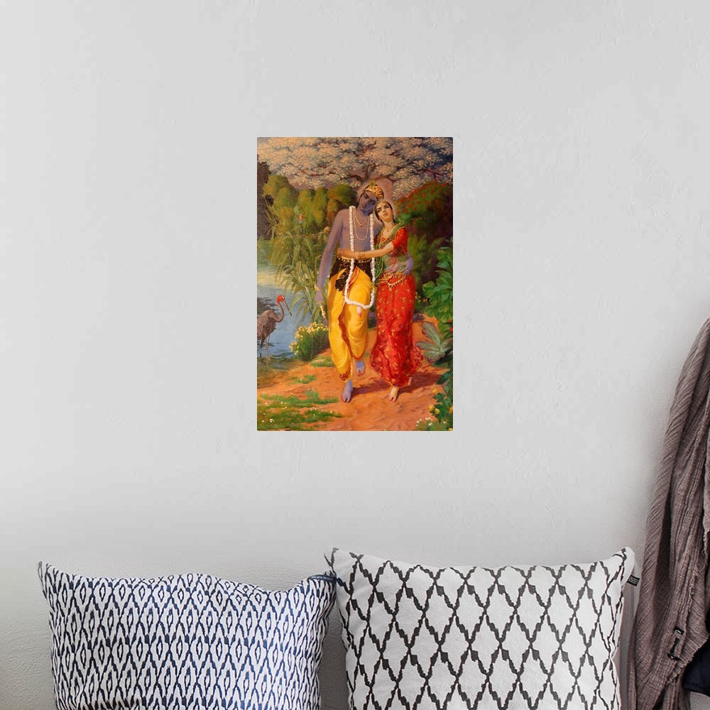 A bohemian room featuring Picture of Krishna and Radha displayed in an ISKCON temple, Sarcelles, Seine St. Denis, France, E...