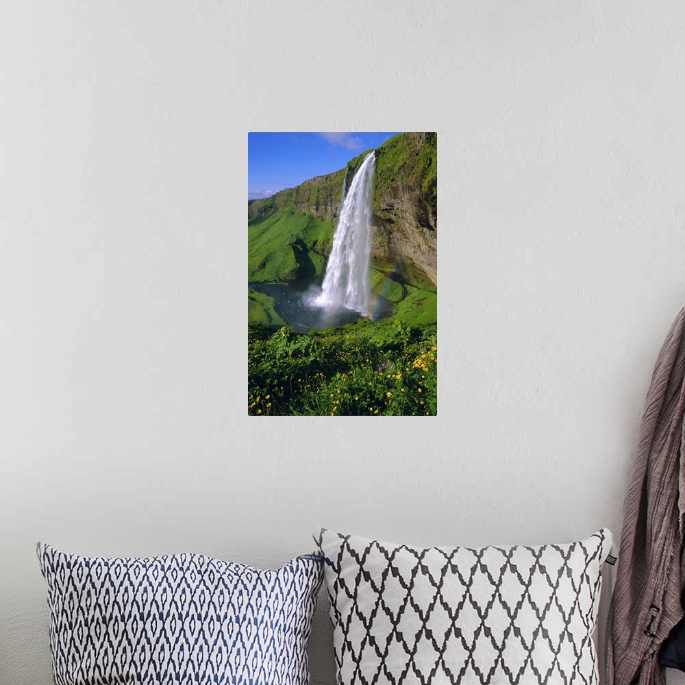 A bohemian room featuring Seljalandsfoss waterfall in the south of the island, Iceland
