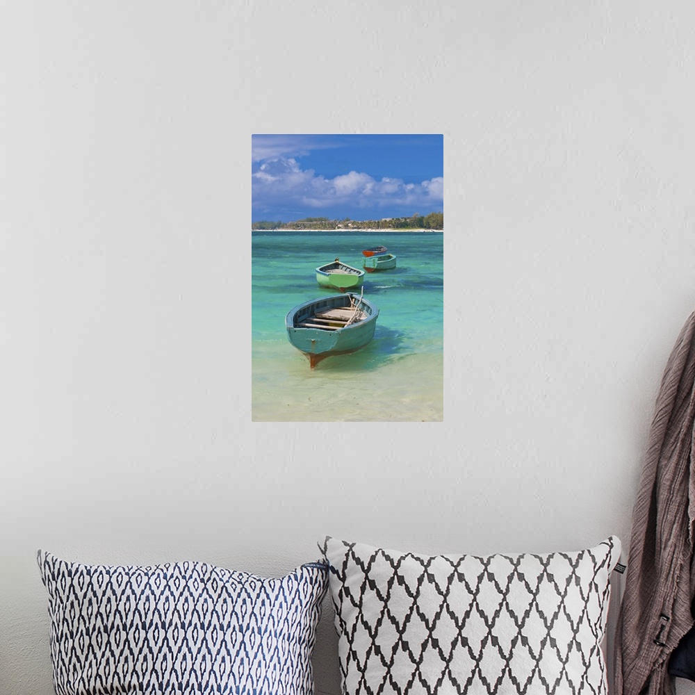 A bohemian room featuring Small fishing boats in the turquoise sea, Mauritius, Indian Ocean, Africa