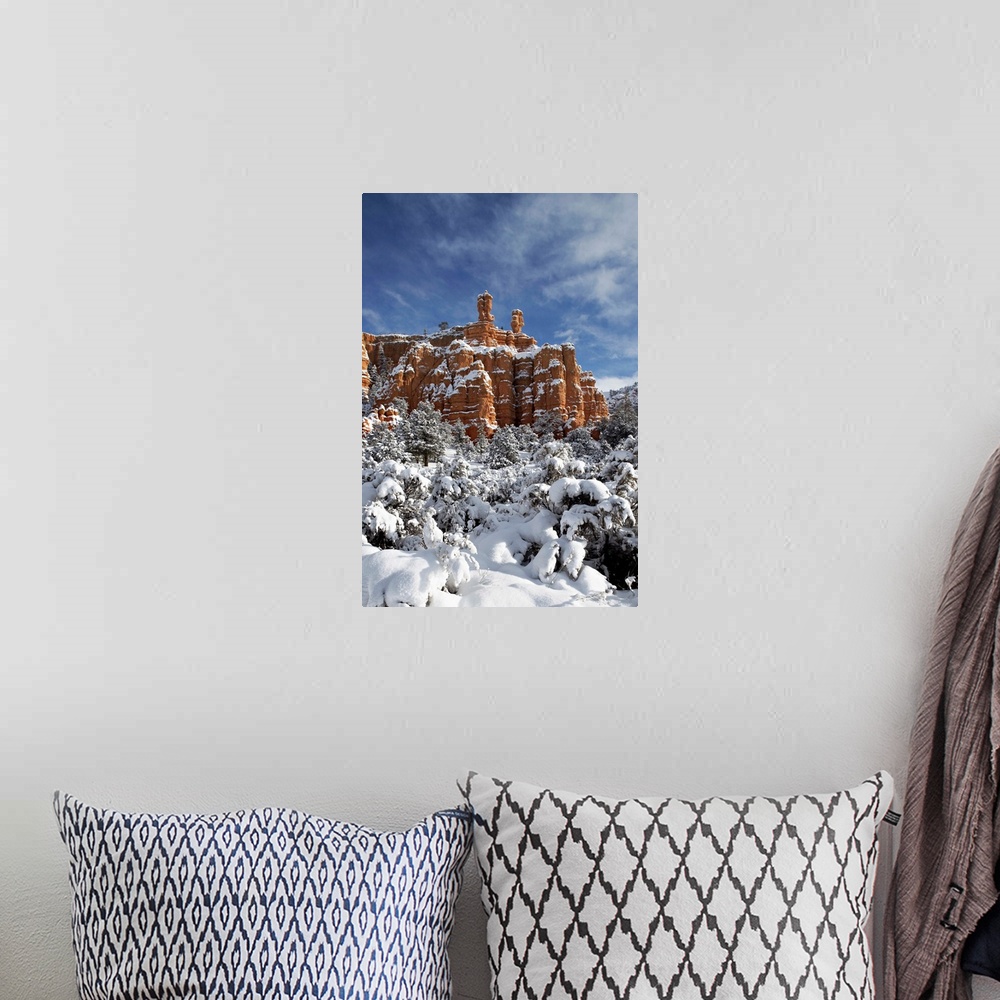 A bohemian room featuring Snow-covered red rock formations, Dixie National Forest, Utah