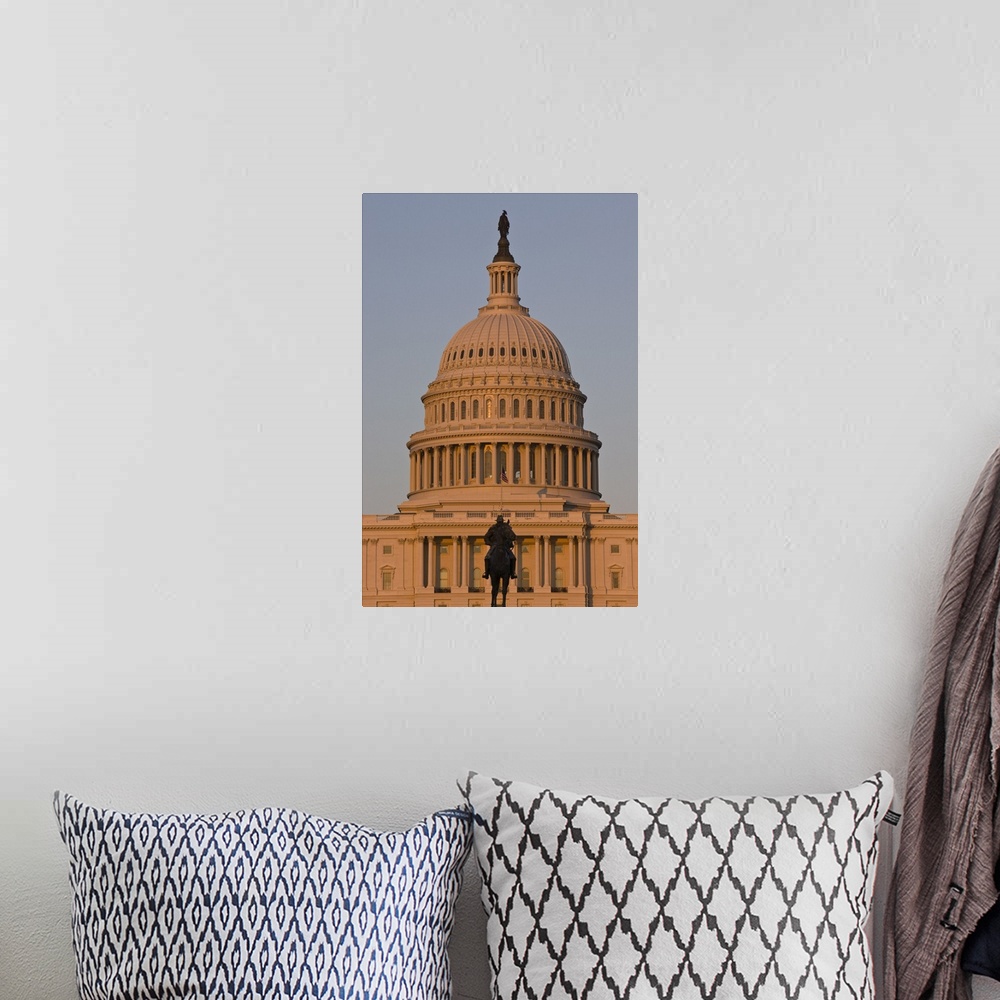 A bohemian room featuring Statue in front of the dome of the U.S. Capitol Building, evening light, Washington D.C