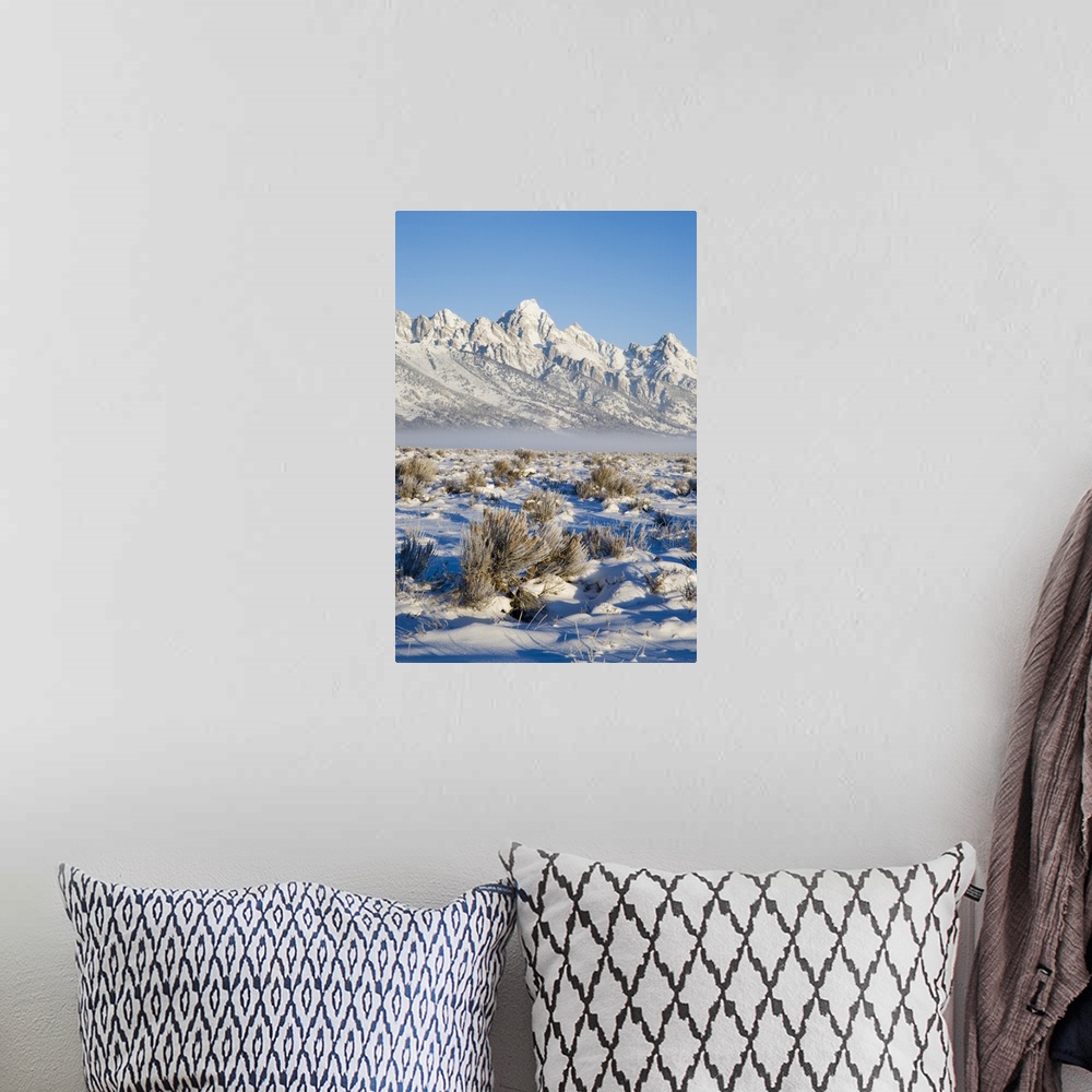 A bohemian room featuring Tetons with first light in the valley with snow, Grand Teton National Park, Wyoming