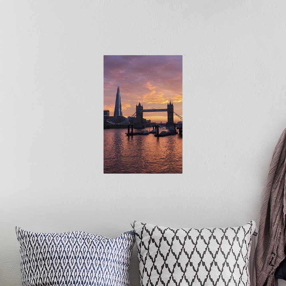 A bohemian room featuring The Shard and Tower Bridge on the River Thames at sunset, London, England, United Kingdom, Europe.