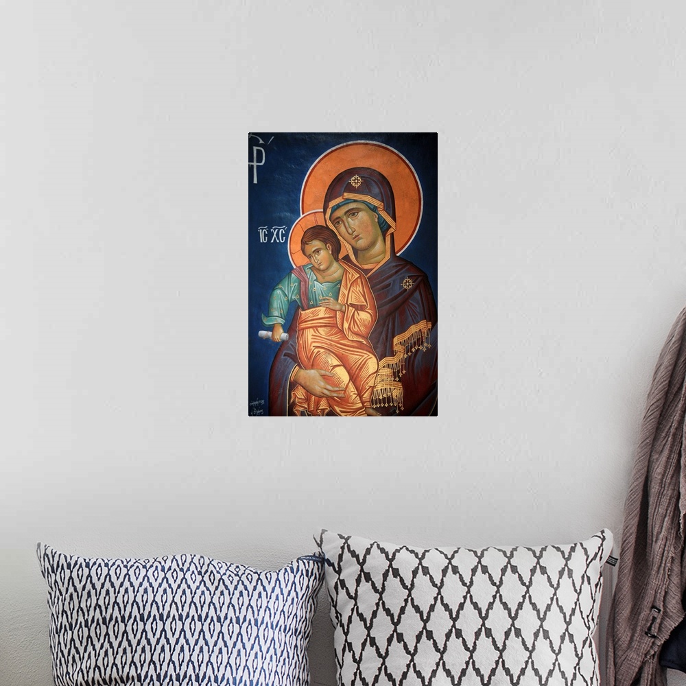 A bohemian room featuring Virgin and Child, Greek Orthodox icon, Thessaloniki, Macedonia, Greece
