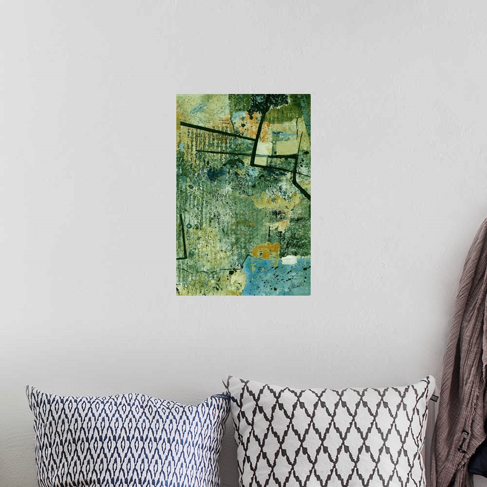A bohemian room featuring Contemporary abstract painting using pale green and bold contrasting lines.