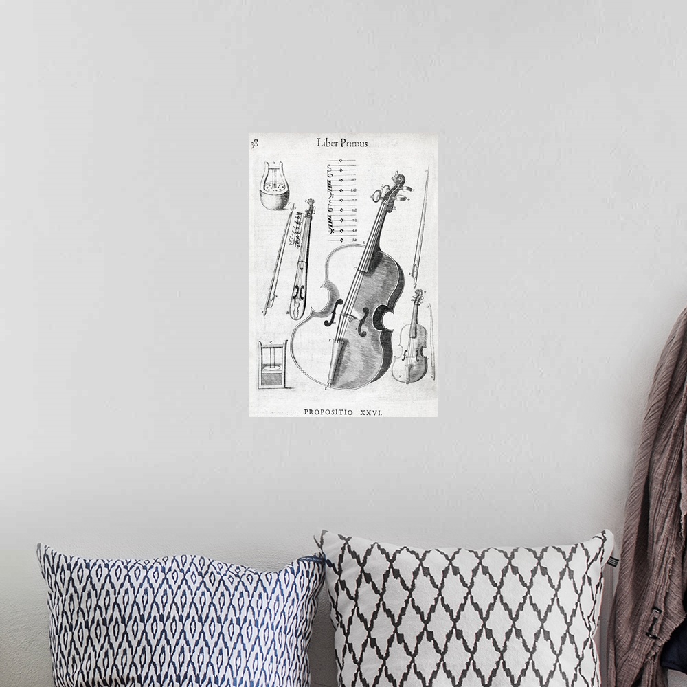 A bohemian room featuring Violin, 17th century artwork. Violin bows and diagrams of musical scales surround the violin. Thi...