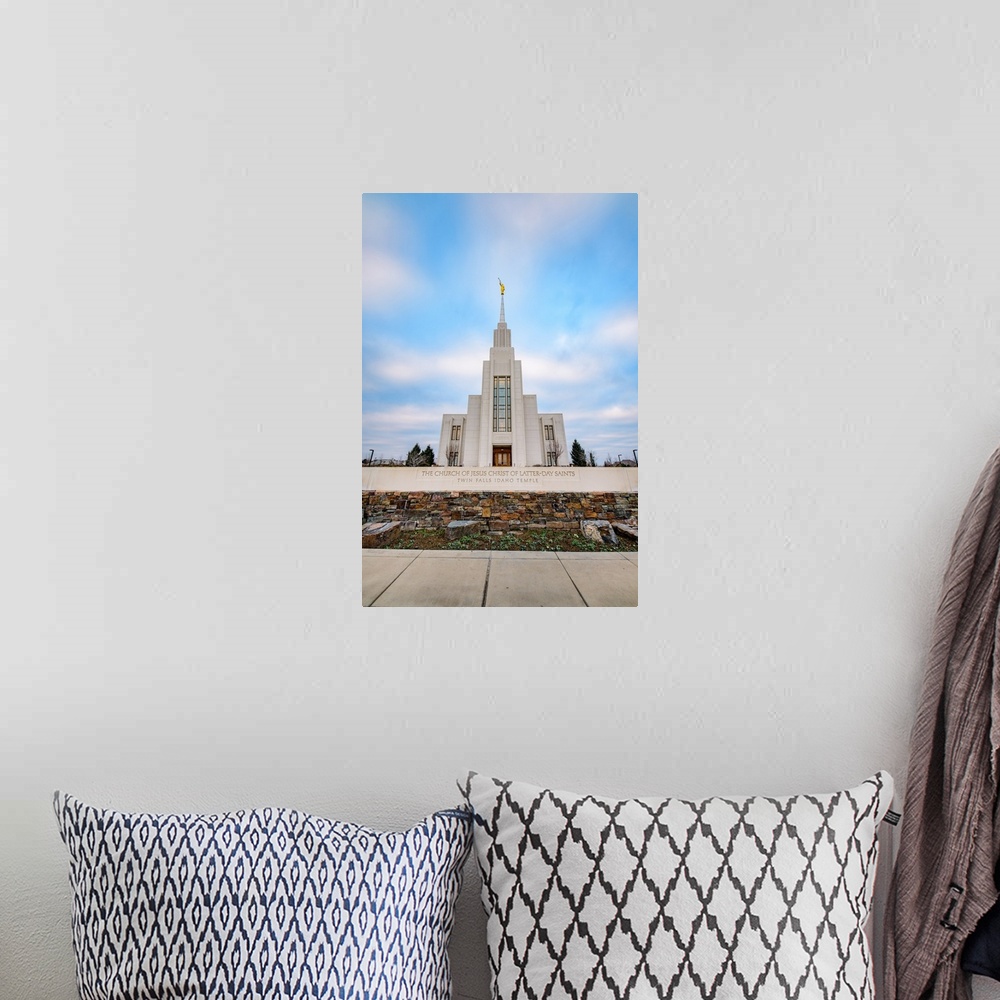 A bohemian room featuring The Twin Falls Idaho Temple is located near Snake River Canyon. The spire on top of the temple, w...