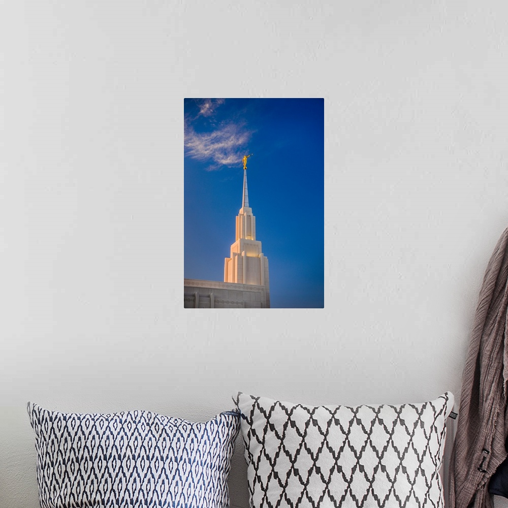 A bohemian room featuring The Twin Falls Idaho Temple is located near Snake River Canyon. The spire on top of the temple, w...