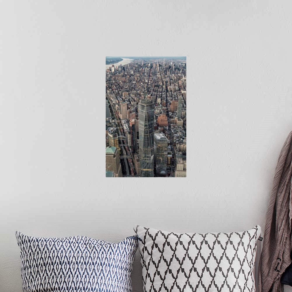 A bohemian room featuring Aerial view of Freedom Tower and New York City